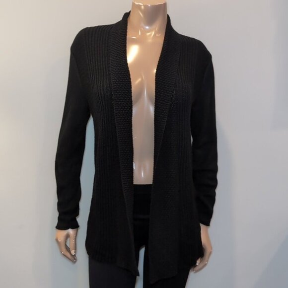 Laura Open Front Cardigan Sweater Shawl Collar Black Tunic Length Long Sleeve - Picture 11 of 15